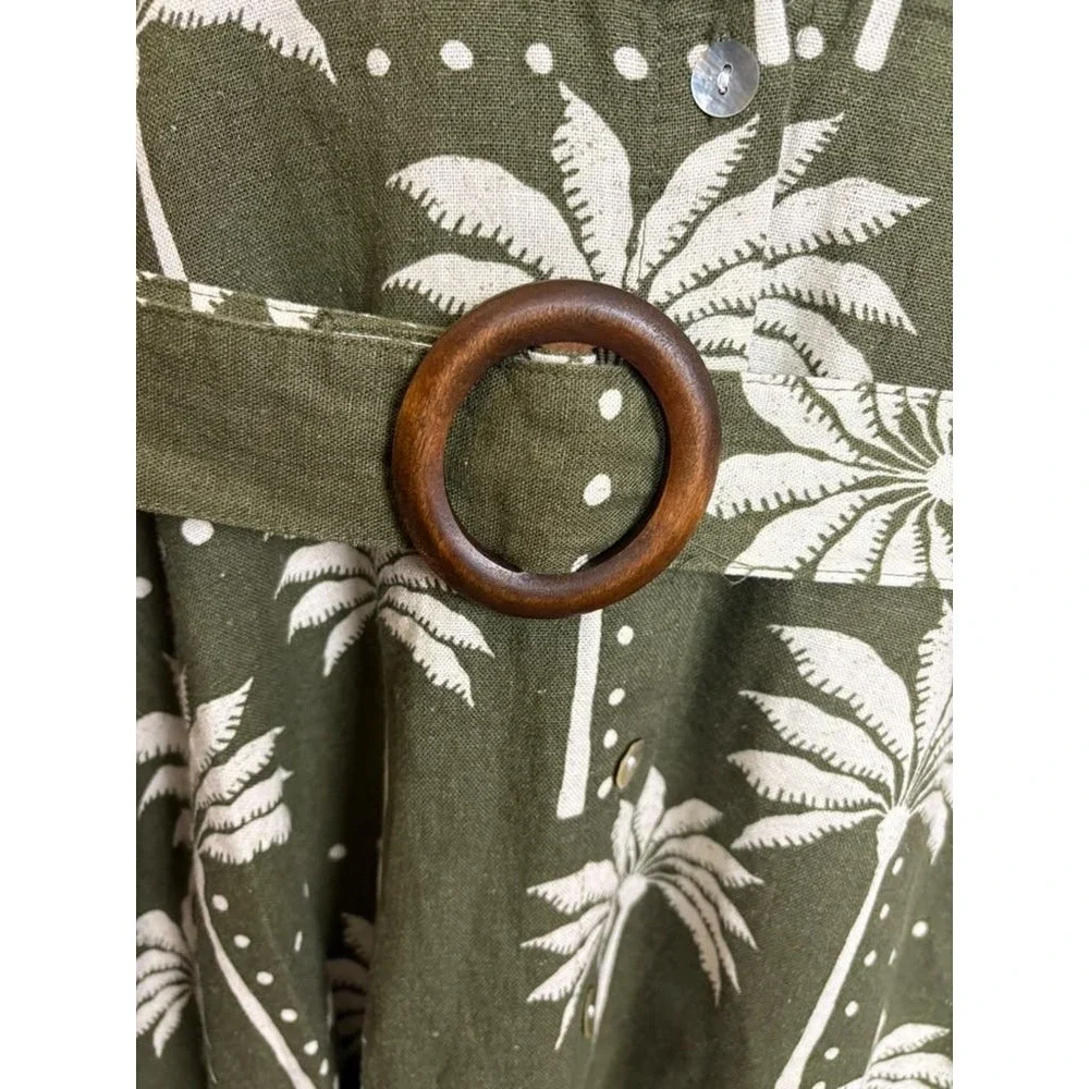 Tahari Olive Green Linen Blend Palm Tree Print Belted Shirt Dress Large NWT